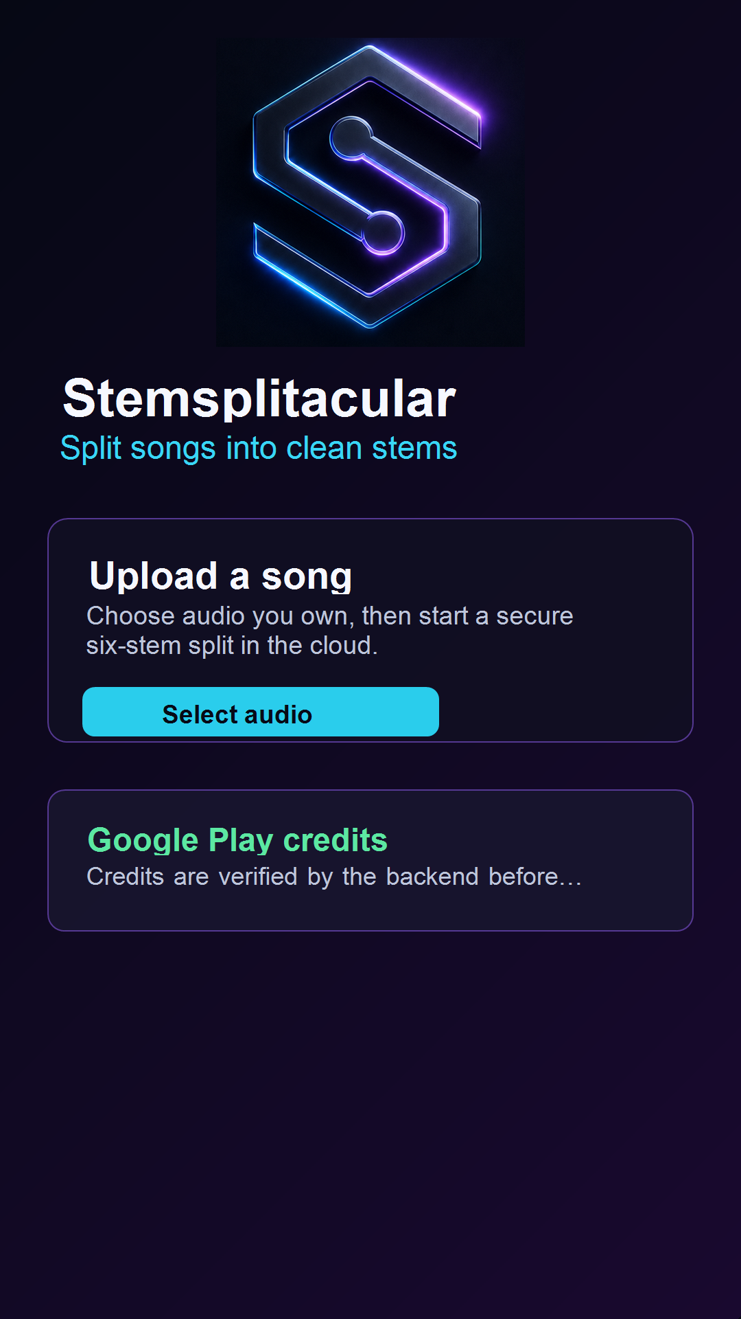 Upload view with a Select audio button and Google Play credits panel