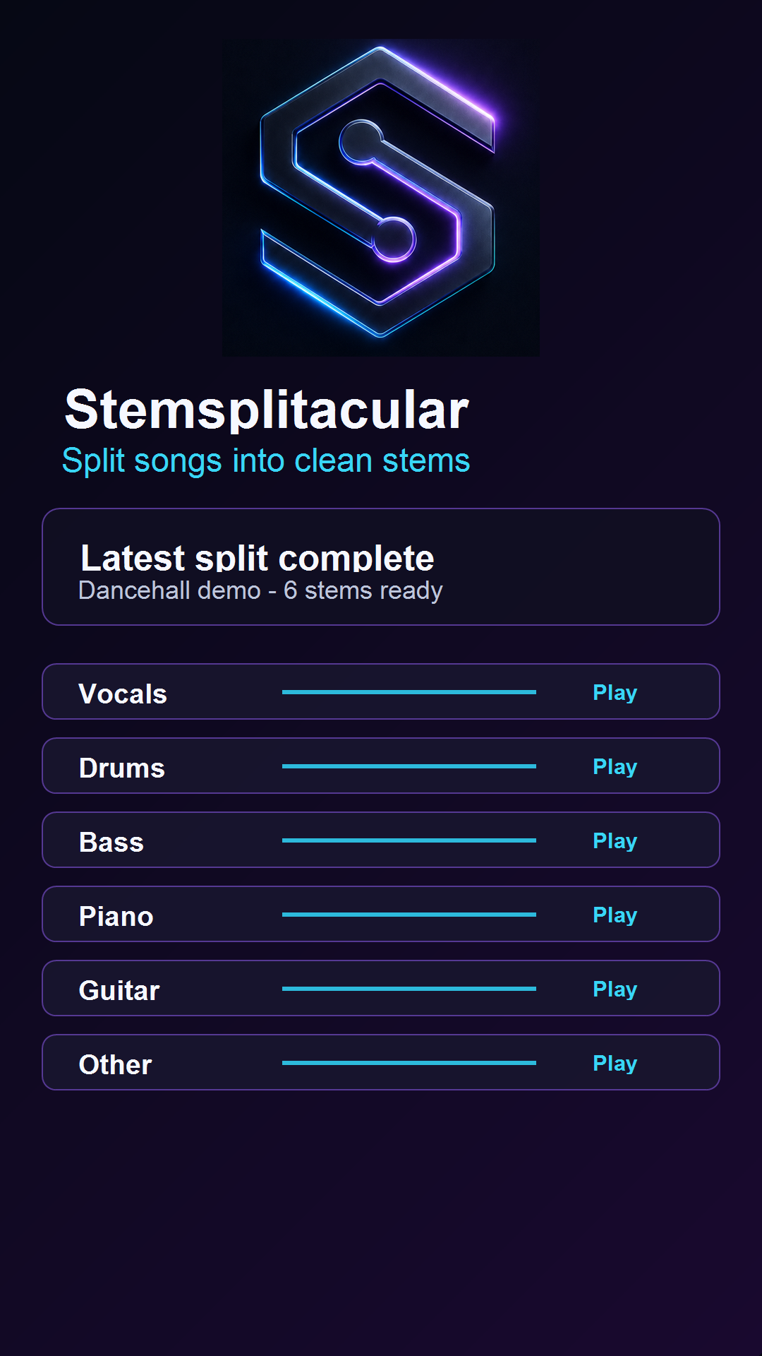 Completed split with Play controls for vocals, drums, bass, piano, guitar and other